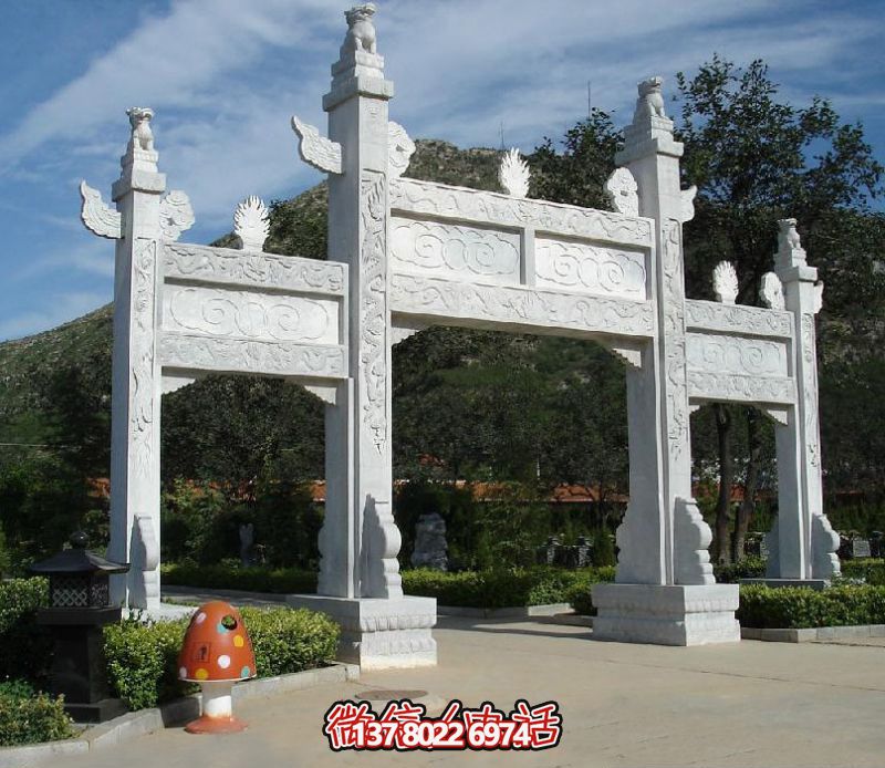 精致園林景觀，漢白玉華表浮雕祥云門樓石牌坊