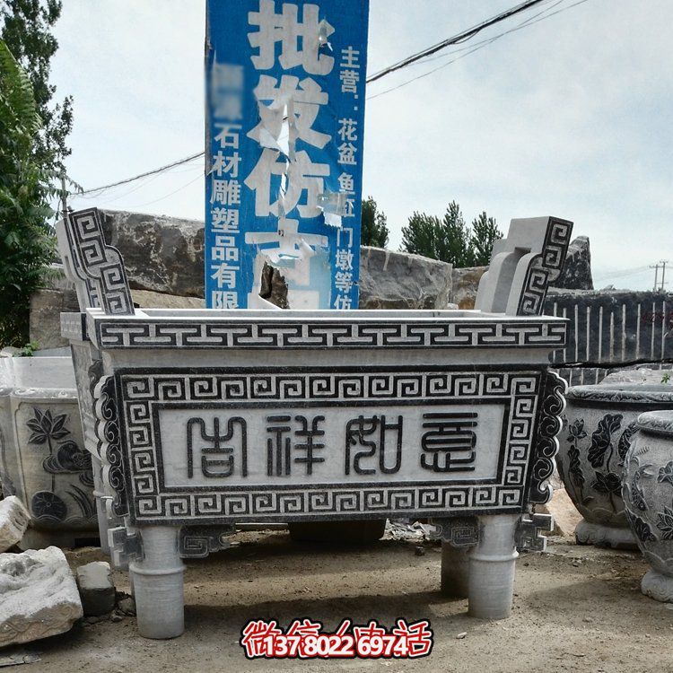 大理石石雕香爐擺件，古樸寺廟風情景觀
