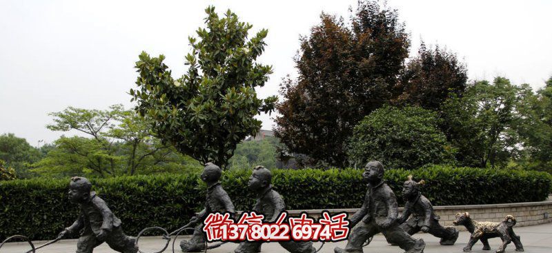 推鐵環，兒童奔跑，公園雕塑銅雕