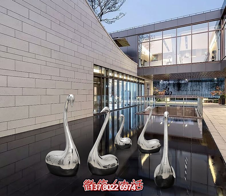 不銹鋼創意天鵝雕塑，鏡面水中裝飾別墅