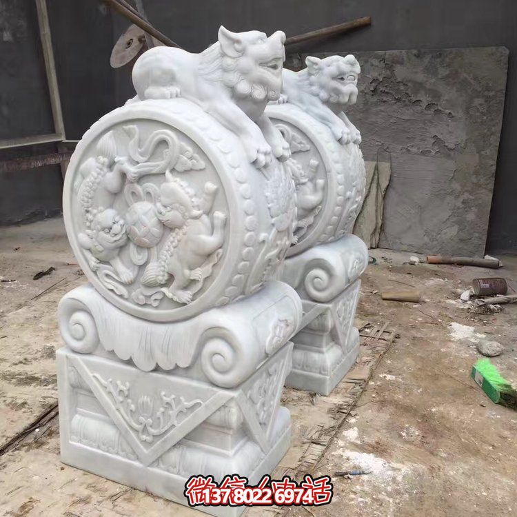 精美大理石石雕抱鼓雕塑，裝點別墅庭院門口