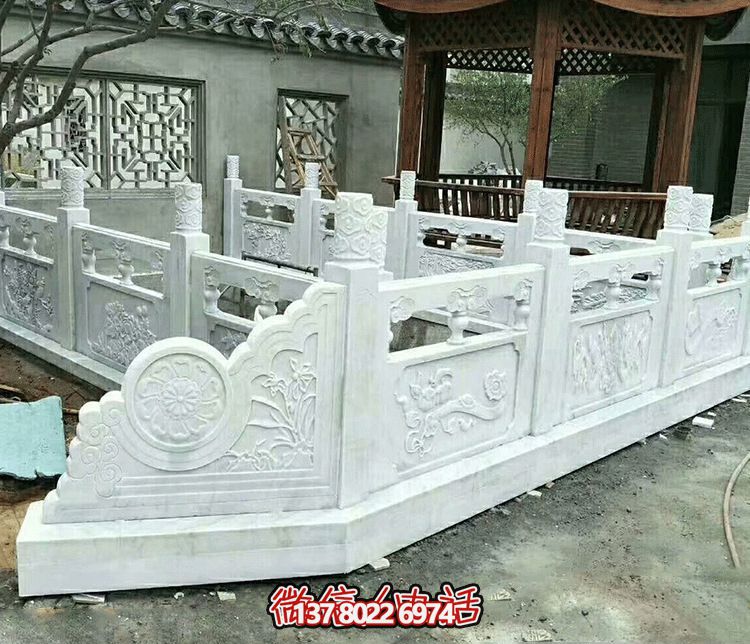 唯美古典庭院，池塘裝飾雕塑，漢白玉欄桿