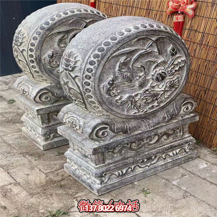 花崗巖雕刻鯉魚(yú)牡丹花紋抱鼓石門(mén)墩景點(diǎn)門(mén)前擺件
