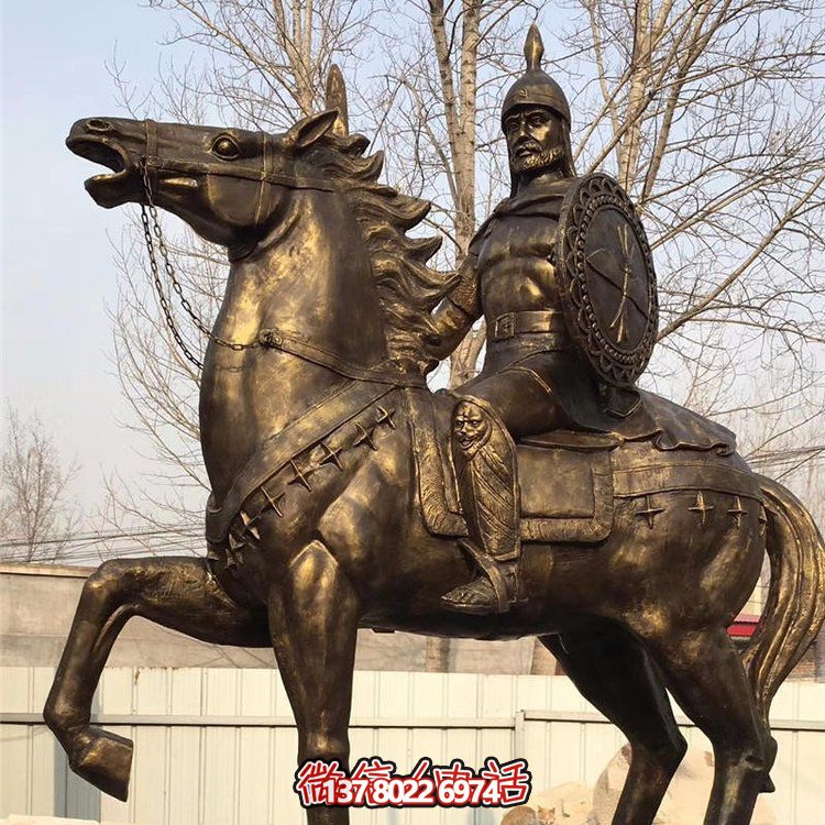 西方古代的騎馬士兵銅雕，手持盾牌騎馬身上的西方戰士